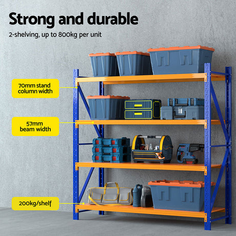 Heavy-duty blue and orange shelving unit holding storage bins and tools, 200kg/shelf capacity