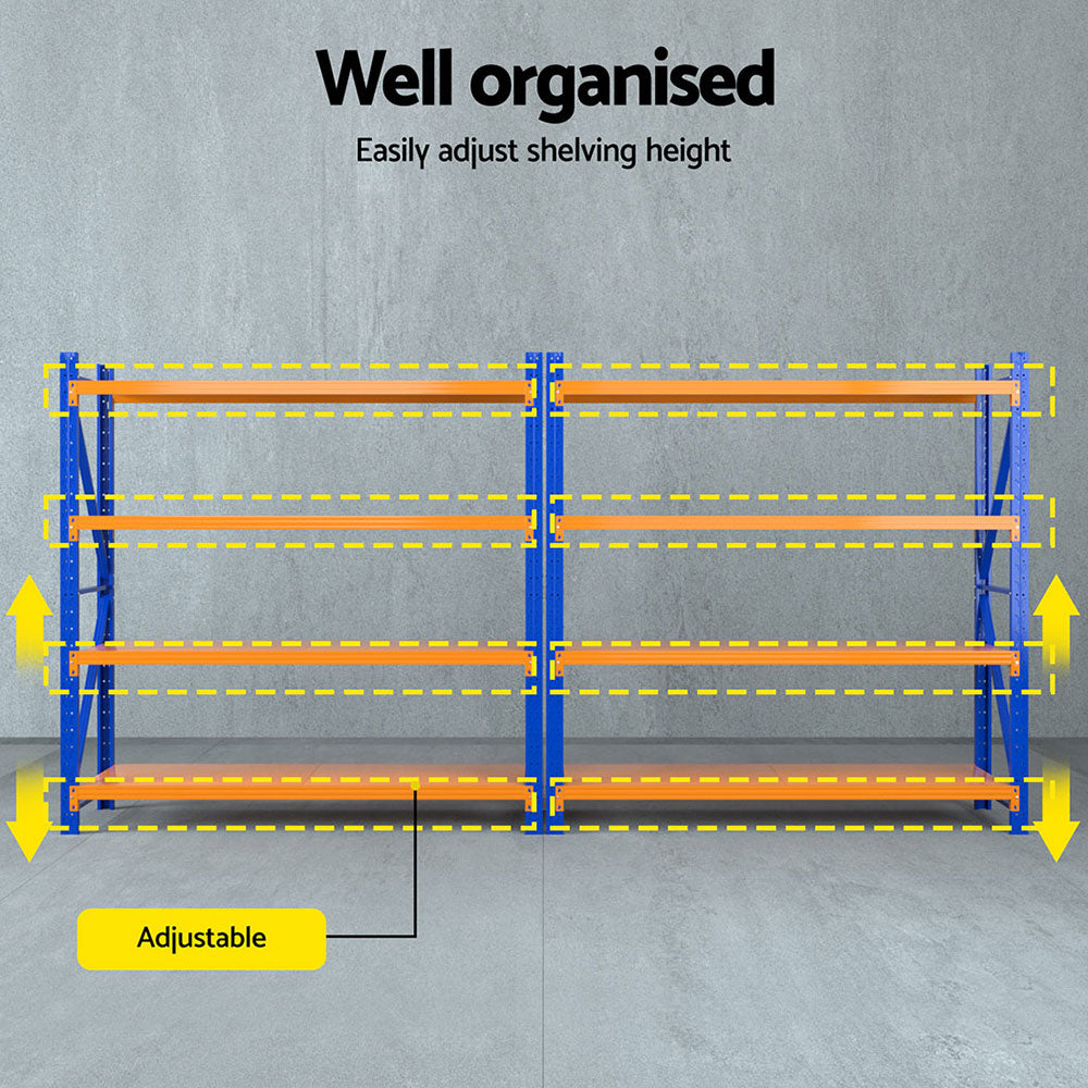Adjustable shelving units with orange shelves and blue frames for organized storage