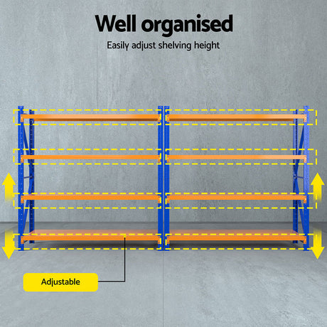 Adjustable shelving units with orange shelves and blue frames for organized storage
