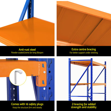 Heavy-duty steel shelving with anti-rust coating, Z-bracing, and safety plugs for warehouse storage