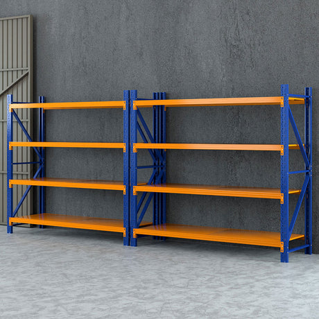 Blue and orange industrial shelving units in a warehouse setting