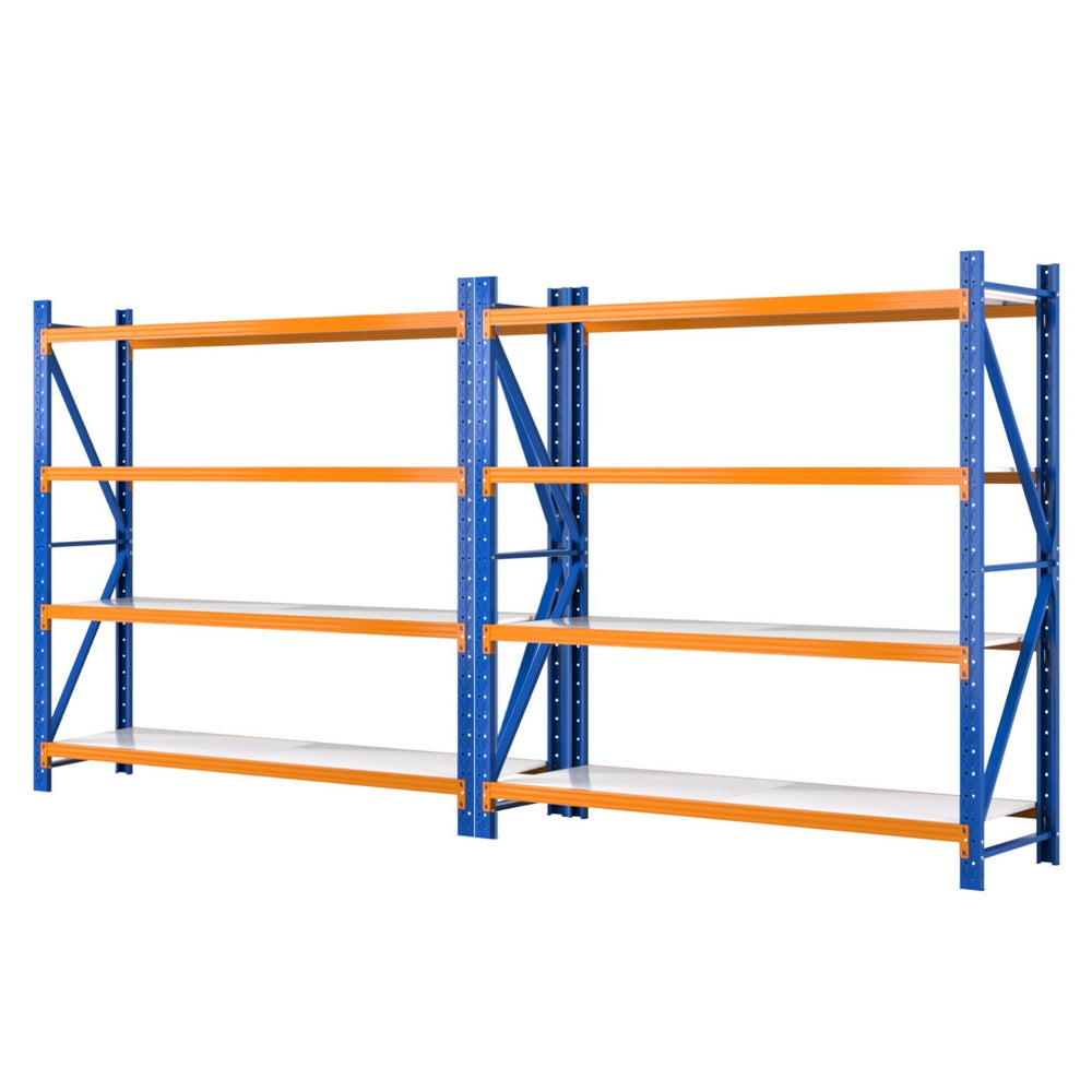 Blue and orange heavy-duty industrial shelving unit for warehouse storage
