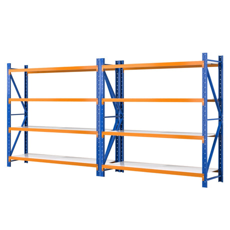 Blue and orange heavy-duty industrial shelving unit for warehouse storage