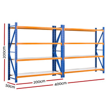 Heavy-duty blue and orange industrial shelving unit, 200cm high, 400cm wide, ideal for warehouse storage