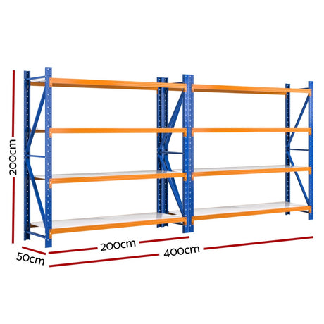 Heavy-duty blue and orange industrial shelving unit, 200cm high, 400cm wide, ideal for warehouse storage