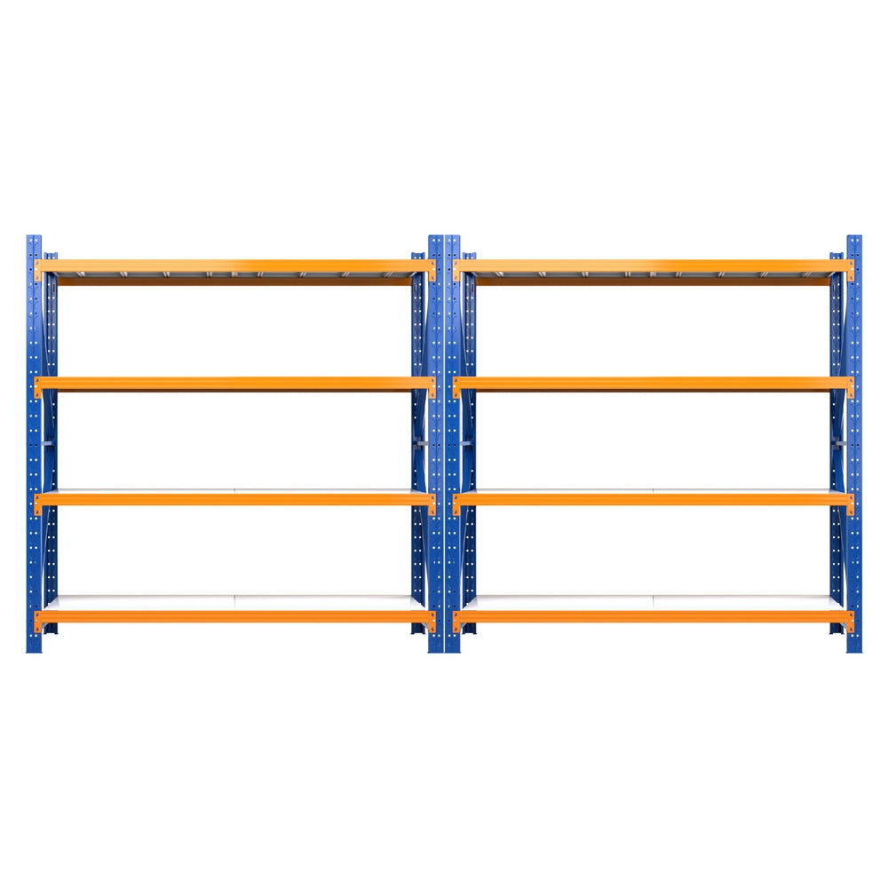 Blue and orange heavy-duty metal shelving unit for warehouse storage