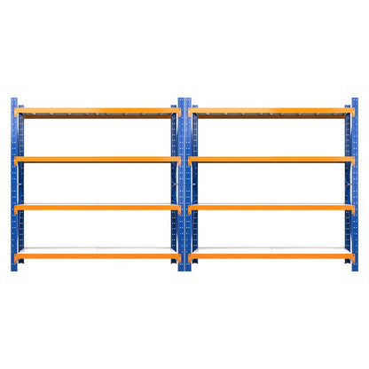 Blue and orange heavy-duty metal shelving unit for warehouse storage