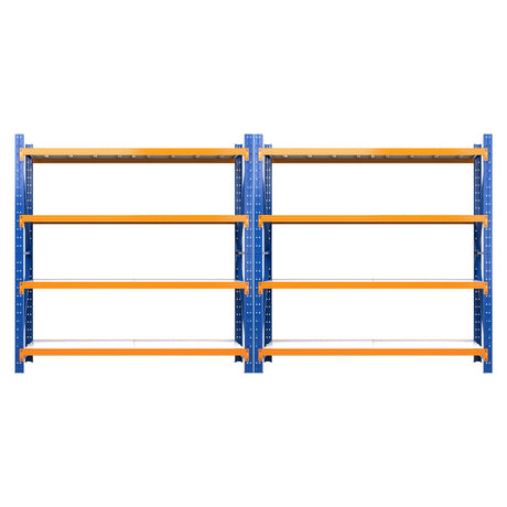 Blue and orange heavy-duty metal shelving unit for warehouse storage