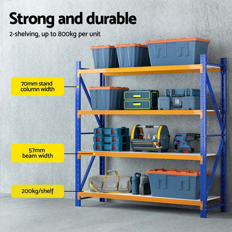 Heavy-duty storage shelving unit with 200kg/shelf capacity, holding toolboxes and bins for garage organization
