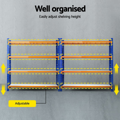 Adjustable heavy-duty shelving unit with blue frames and orange shelves for organized storage