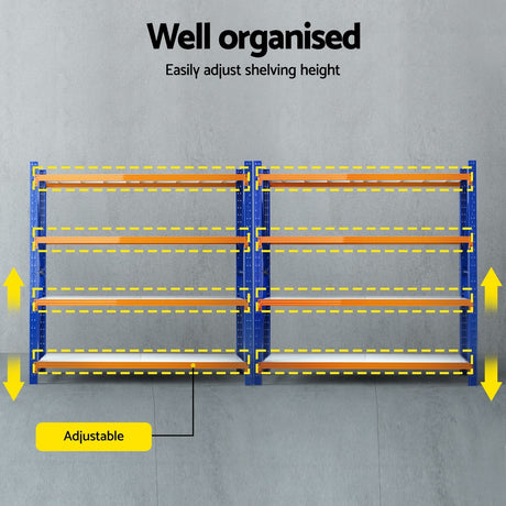 Adjustable heavy-duty shelving unit with blue frames and orange shelves for organized storage
