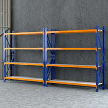 Heavy-duty blue and orange industrial shelving unit for warehouse storage
