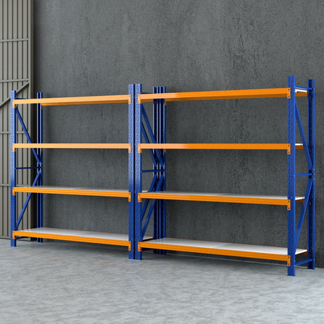 Heavy-duty blue and orange industrial shelving unit for warehouse storage