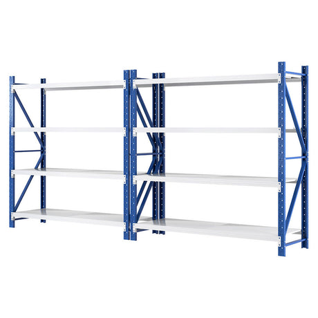 Heavy-duty blue and white metal shelving unit for warehouse or garage storage