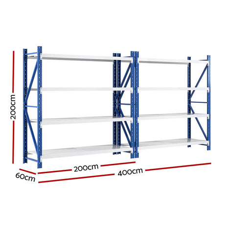 Heavy-duty metal shelving unit, 200cm high, 400cm wide, ideal for warehouse or garage storage