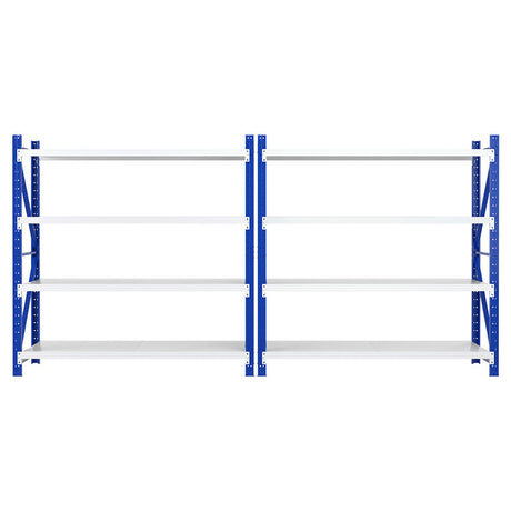Blue and white heavy-duty metal shelving unit for garage or warehouse storage