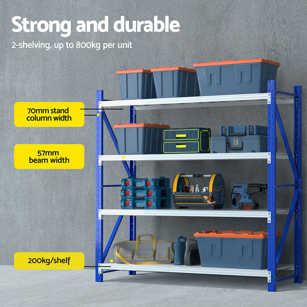Strong durable shelving unit with storage bins and tools, ideal for garage organization