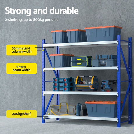 Strong durable shelving unit with storage bins and tools, ideal for garage organization