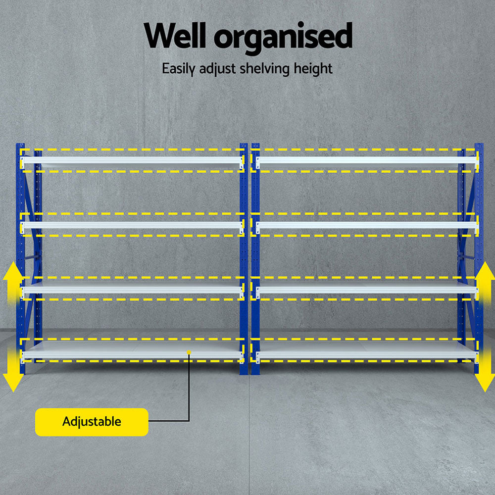 Adjustable shelving unit with blue frames and white shelves for organized storage