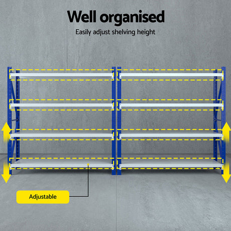 Adjustable shelving unit with blue frames and white shelves for organized storage