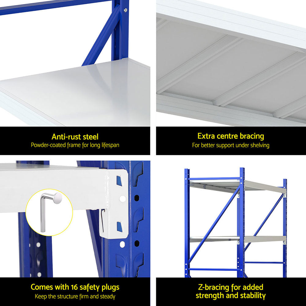 Heavy-duty steel shelving unit with anti-rust powder coat, Z-bracing, and safety plugs for sturdy storage