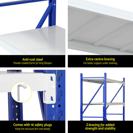 Heavy-duty steel shelving unit with anti-rust powder coat, Z-bracing, and safety plugs for sturdy storage