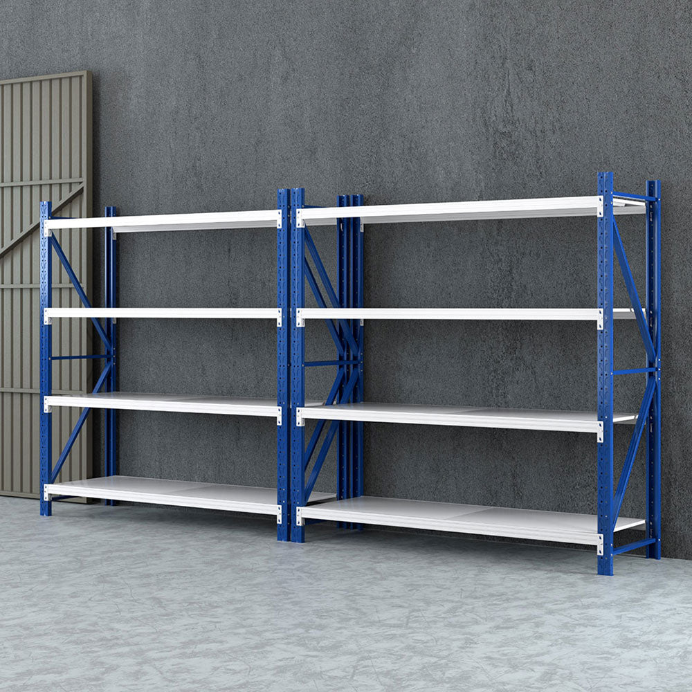 Heavy-duty blue and white metal shelving unit for warehouse or garage storage, adjustable shelves
