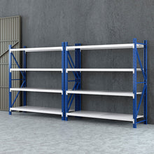 Heavy-duty blue and white metal shelving unit for warehouse or garage storage, adjustable shelves
