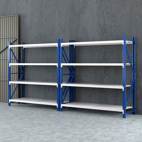 Heavy-duty blue and white metal shelving unit for warehouse or garage storage, adjustable shelves