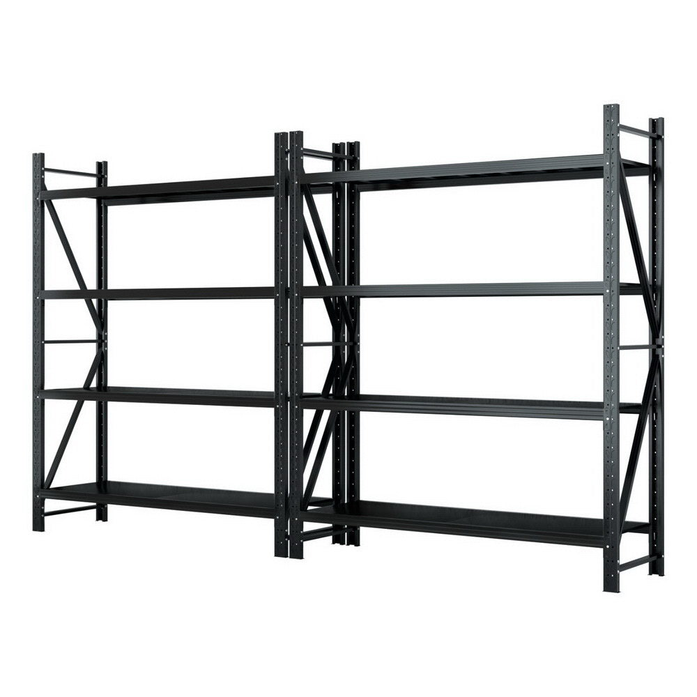 Black heavy-duty metal shelving unit with adjustable shelves for garage or warehouse storage
