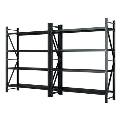 Black heavy-duty metal shelving unit with adjustable shelves for garage or warehouse storage