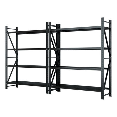Black heavy-duty metal shelving unit with adjustable shelves for garage or warehouse storage