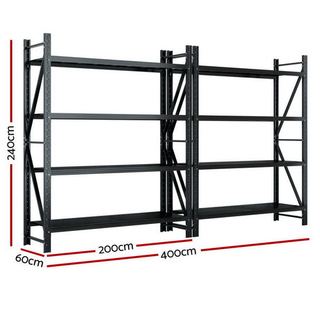 Heavy-duty black metal shelving unit, 240cm high x 400cm wide, ideal for garage or warehouse storage