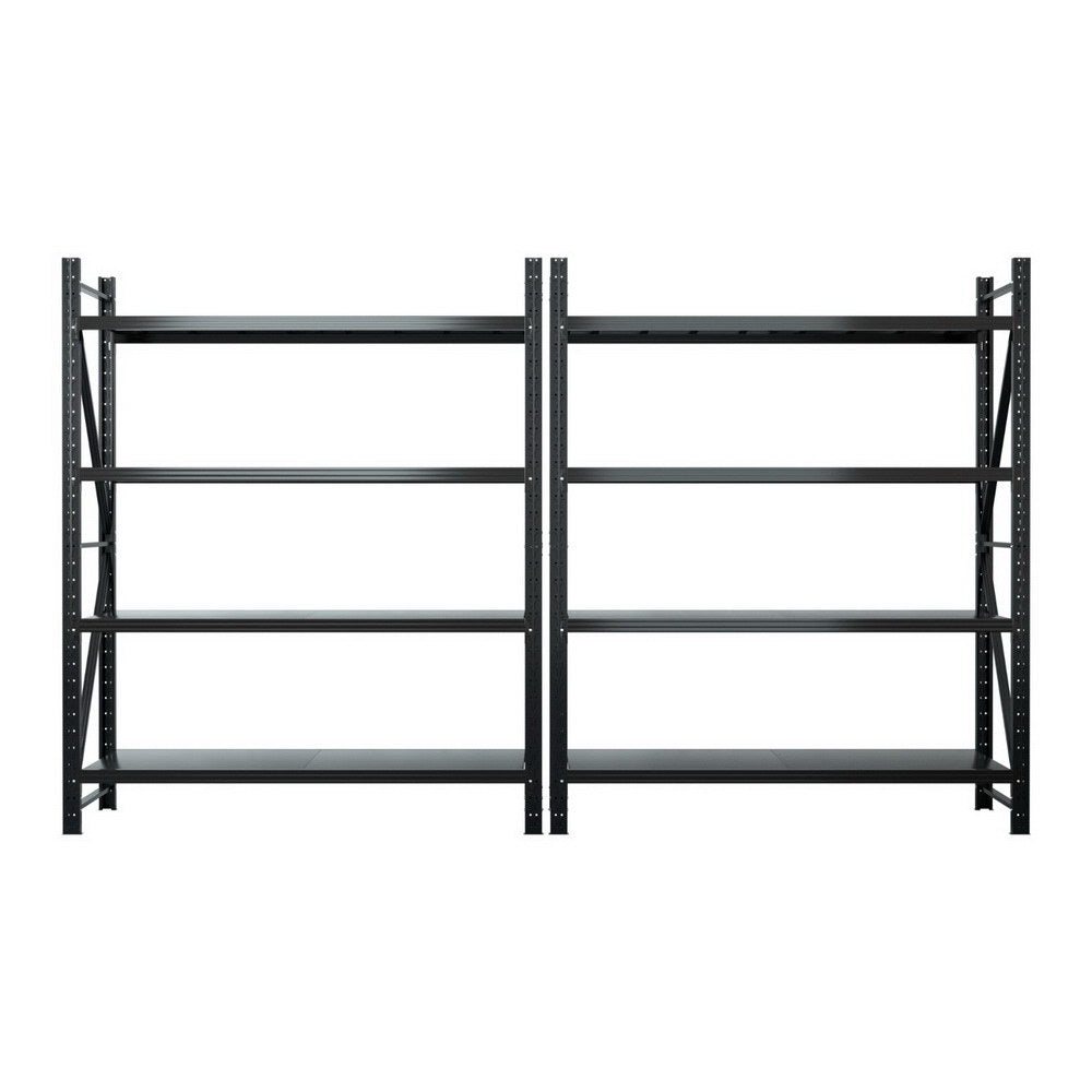 Heavy-duty black metal shelving unit with adjustable shelves for garage or warehouse storage