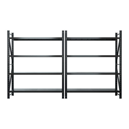 Heavy-duty black metal shelving unit with adjustable shelves for garage or warehouse storage