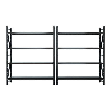 Heavy-duty black metal shelving unit with adjustable shelves for garage or warehouse storage