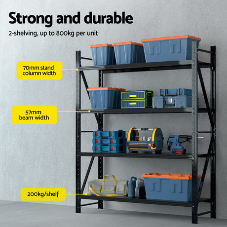 Heavy-duty metal shelving unit with storage bins and tools, 800kg capacity, ideal for garage organization