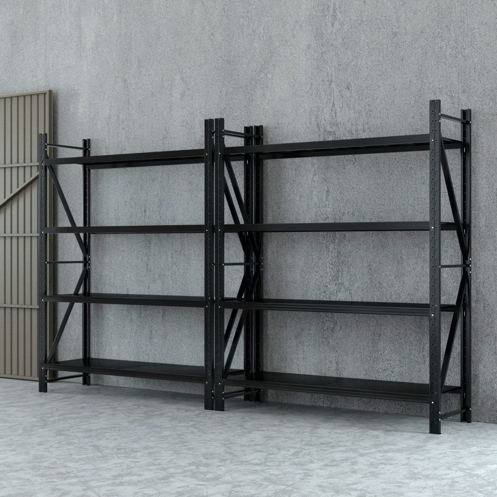Heavy-duty black metal shelving unit for garage or warehouse storage, adjustable shelves, industrial design