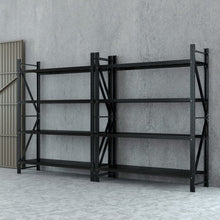 Heavy-duty black metal shelving unit for garage or warehouse storage, adjustable shelves, industrial design