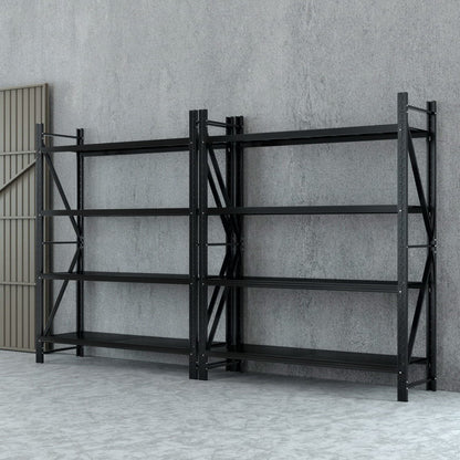 Heavy-duty black metal shelving unit for garage or warehouse storage, adjustable shelves, industrial design