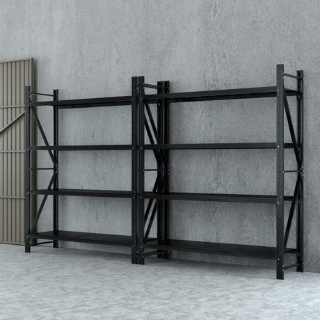 Heavy-duty black metal shelving unit for garage or warehouse storage, adjustable shelves, industrial design