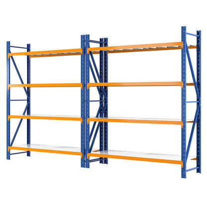 Heavy-duty blue and orange industrial shelving unit for warehouse storage and organization