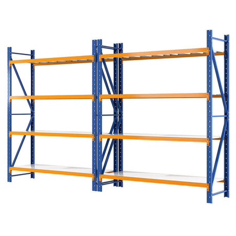 Heavy-duty blue and orange industrial shelving unit for warehouse storage and organization