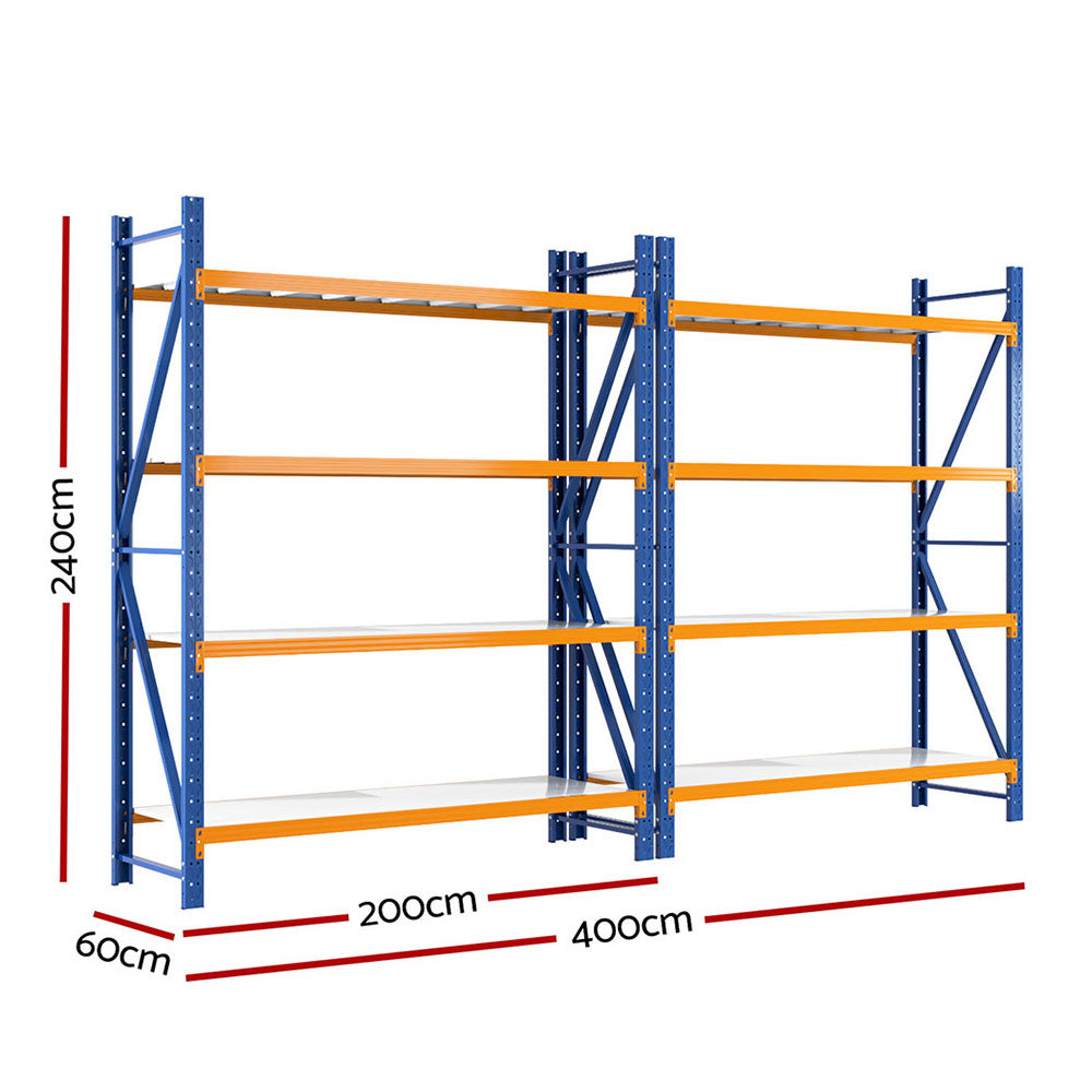 Heavy-duty industrial shelving unit, 240cm high, 400cm wide, blue frame with orange shelves for warehouse storage