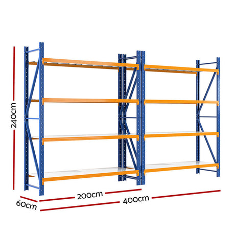 Heavy-duty industrial shelving unit, 240cm high, 400cm wide, blue frame with orange shelves for warehouse storage