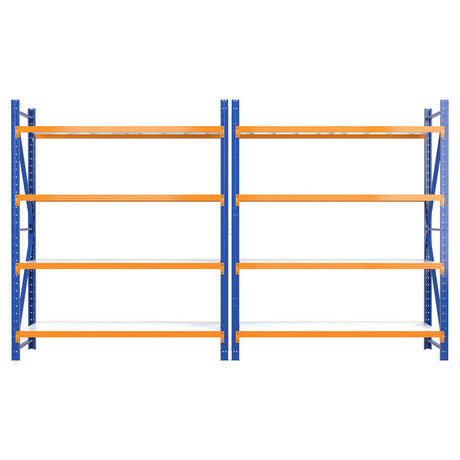 Heavy-duty blue and orange metal shelving unit for warehouse or garage storage