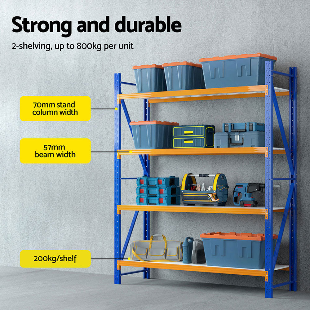Heavy-duty blue and orange metal shelving unit with storage bins and tools, 200kg/shelf capacity
