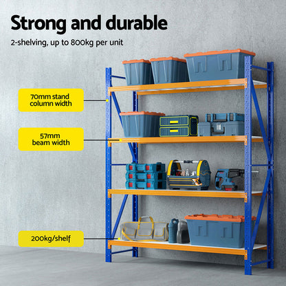 Heavy-duty blue and orange metal shelving unit with storage bins and tools, 200kg/shelf capacity