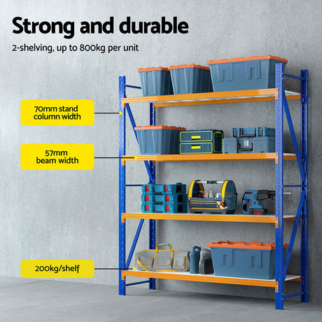 Heavy-duty blue and orange metal shelving unit with storage bins and tools, 200kg/shelf capacity
