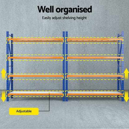Adjustable metal shelving unit with blue frames and orange shelves, height customizable for organized storage